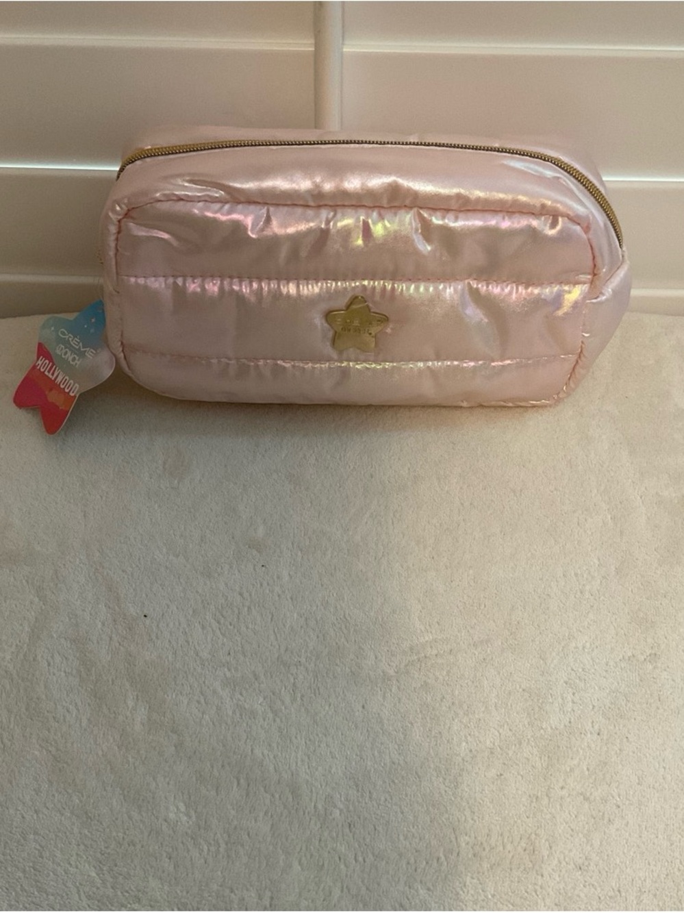 Iridescent Pink Quilted Cosmetic Bag with Star Accent